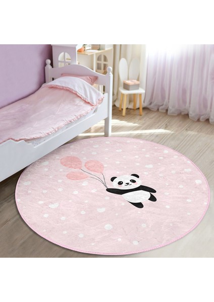 Pembe Zemin Uçan Balonlar ve Sevimli Panda Desenli Çocuk & Genç Odası Makinede Yıkanabilir Kaymaz Tabanlı Yuvarlak Çocuk Halısı