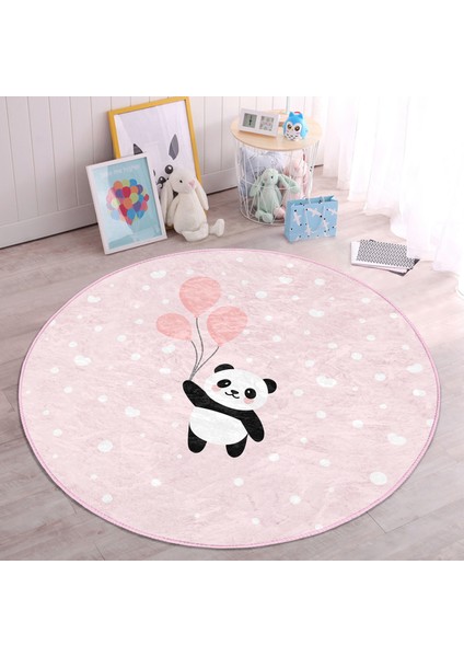 Pembe Zemin Uçan Balonlar ve Sevimli Panda Desenli Çocuk & Genç Odası Makinede Yıkanabilir Kaymaz Tabanlı Yuvarlak Çocuk Halısı