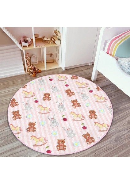 Sevimli Ayıcık ve Tavşan Motifli Çocuk & Genç Odası Makinede Yıkanabilir Kaymaz Tabanlı Yuvarlak Çocuk Halısı fiyatları