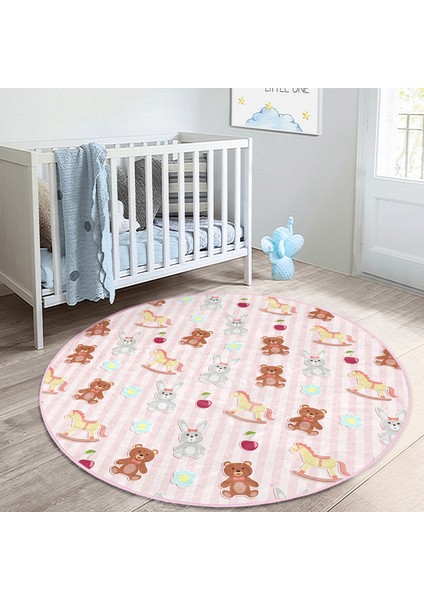 Sevimli Ayıcık ve Tavşan Motifli Çocuk & Genç Odası Makinede Yıkanabilir Kaymaz Tabanlı Yuvarlak Çocuk Halısı modelleri