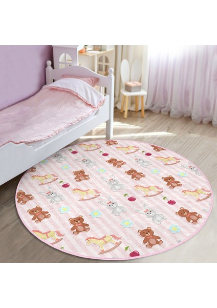 Sevimli Ayıcık ve Tavşan Motifli Çocuk & Genç Odası Makinede Yıkanabilir Kaymaz Tabanlı Yuvarlak Çocuk Halısı indirimleri