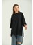 Siyah Duble Kol Geniş Kesim Asimetrik Yırtmaçlı Örme T-Shirt 1