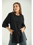 Siyah Duble Kol Geniş Kesim Asimetrik Yırtmaçlı Örme T-Shirt 2
