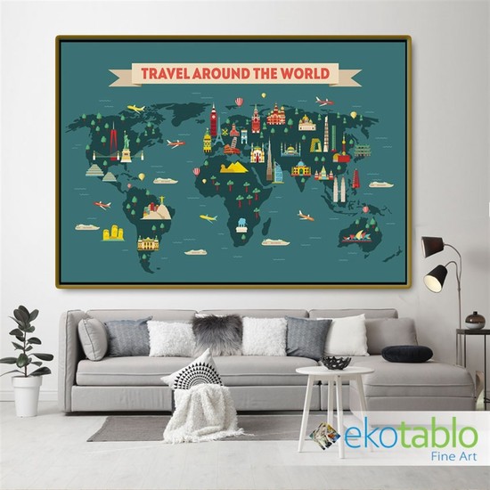 Eko Tablo Dünya Haritası Turistik Yerler Kanvas Tablo Fiyatı