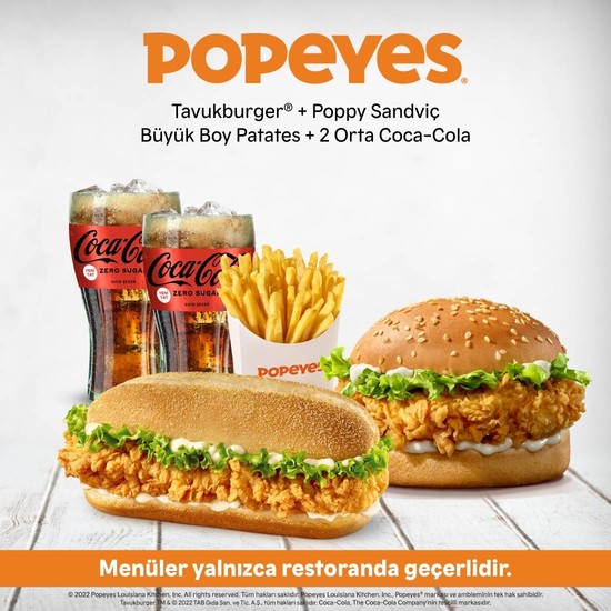 Popeyes Poppy Sandviç + Tavukburger Menü (2 Orta Kola + Büyük Patates)(Gel-Al Serviste Geçerlidir)