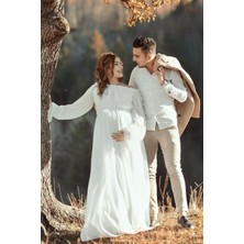 Moda Labio Babyshower Dökümlü Beyaz Hamile Elbisesi