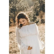 Moda Labio Babyshower Dökümlü Beyaz Hamile Elbisesi