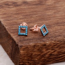 Sümer Telkari Turkuaz Taşlı Kare Tasarım Rose Gümüş Küpe 3781