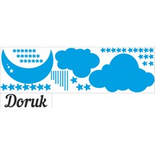 Türk Reklam Bebek Odası Duvar Sticker Mavi Ay Bulut Yıldızlar Ve Gri Kişiye Özel İsim