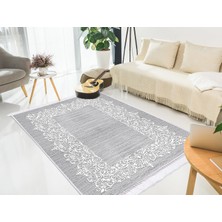 Dekoreko İnci Dijital Saçaklı Yıkanabilir Kaymaz Taban Halı 1811 Gri 80 x 120