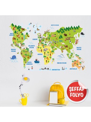 Yapıştırrco Eğitici Dünya Haritası Çocuk Odası Duvar Stickerı Şeffaf Folyo