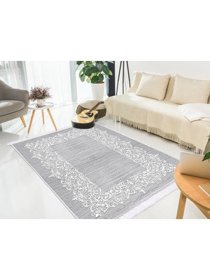 Dekoreko İnci Dijital Saçaklı Yıkanabilir Kaymaz Taban Halı 1811 Gri 160 x 230