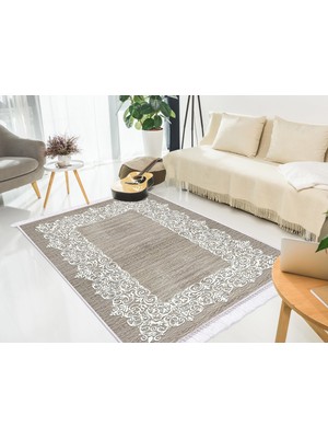 Dekoreko İnci Dijital Saçaklı Yıkanabilir Kaymaz Taban Halı 1811 Kahve 80 x 120