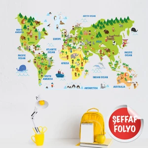 Eğitici Dünya Haritası Çocuk Odası Duvar Stickerı Şeffaf Folyo