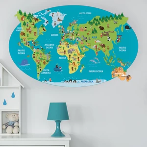 İngilizce Hayvanlı Dünya Haritası Duvar Stickerı