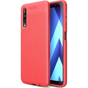 DVR Samsung Galaxy A7 2018 Silikon Kılıf Karbon Niss Deri Görünümlü (Kırmızı) + Cam Ekran Koruyucu