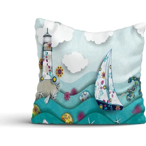Cici Odam Dalgalı Deniz Gemili Kırlent Kılıfı-60x60