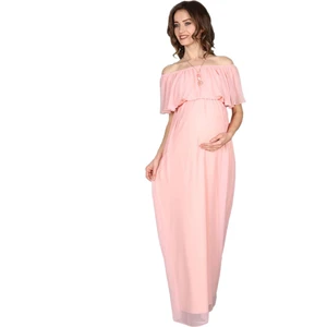 Moda Labio Babyshower Şifon Düşük Omuz Pudra Hamile Elbisesi