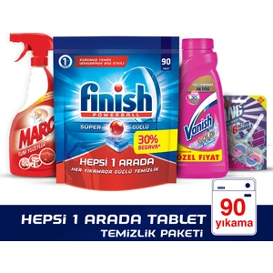 Hepsi Bir Arada 90 Tablet Bulaşık Makinesi Deterjanı + Vanish Leke Çıkarıcı 450 ml + Marc Sprey Tüm Yüzeyler 450 ml+ Cillit Bang Tuvalet Blok Tropikal