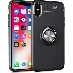 iPhone XS 5.8" Kılıf Standlı Yüzüklü Mıknatıslı Kılıf + 9H Esnek Nano Cam Siyah