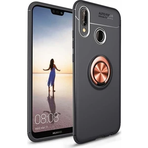 Huawei P20 Lite Kılıf Standlı Yüzüklü Mıknatıslı Kılıf + 9H Esnek Nano Cam Siyah