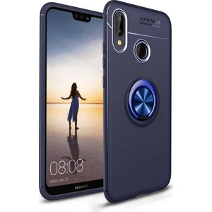 Huawei P20 Lite Kılıf Standlı Yüzüklü Mıknatıslı Kılıf + 9H Esnek Nano Cam Lacivert