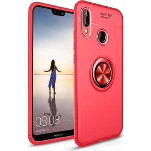 Huawei P20 Lite Kılıf Standlı Yüzüklü Mıknatıslı Kılıf + 9H Esnek Nano Cam Kırmızı