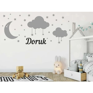 Türk Reklam Bebek Odası Duvar Sticker Gri Ay Bulut Yıldızlar Ve Siyah Kişiye Özel İsim