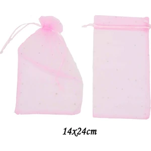 50li Pullu Tül Büzgülü Kese Pembe 14 x 24 cm