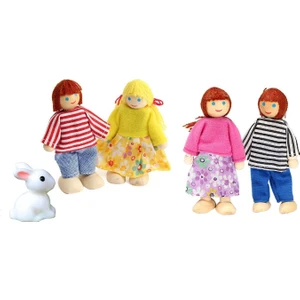 4 Adet Mini Ahşap Dollhouse Aile Bebek Oyuncak Seti Ve Sevimli Tavşan