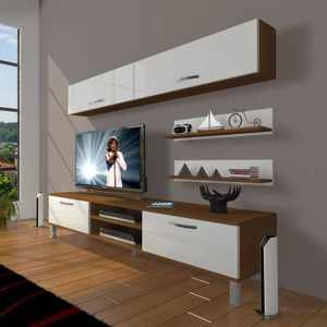 Eko 5 Mdf Dvd Krom Ayaklı Tv Ünitesi Tv Sehpası Ceviz Beyaz