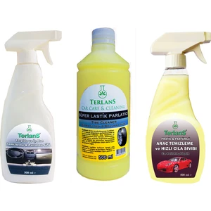 Terlans Lastik Parlatıcı Jel - Torpido Parlatma Sütü - Susuz Yıkama Hızlı Cila 3 X 500 Ml + Uygulama Süngeri Ve Mikrofiber Bez