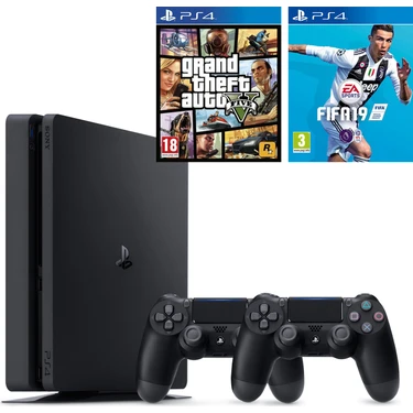 Sony PS4 Slim 500 GB Oyun Konsolu + PS4 Gta 5 + PS4 Fifa 19 Türkçe + 2.