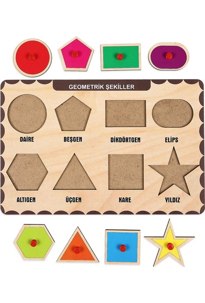 Maketçiniz Ahşap Tutmalı Eğitici Yapboz Geometrik Şekiller