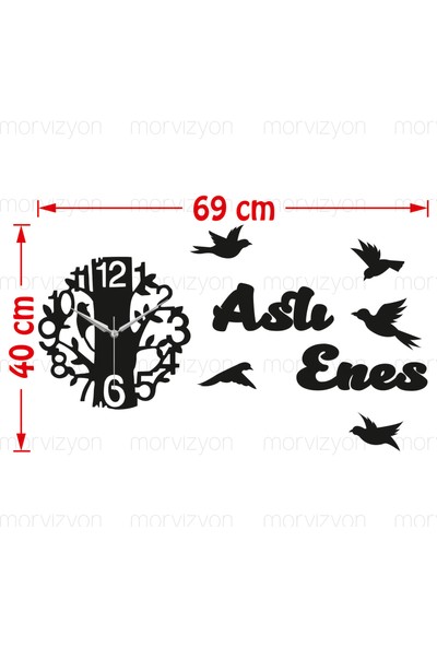 Morvizyon Kuş ve Ağaç Tasarımlı Kişiye Özel Ahşap Duvar Saati - L150