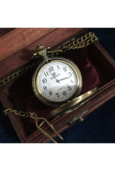 Kuzey Caddesi Ahşap Kutusunda Osmanlı Tuğra Kabartma Kapaklı Vintage Köstekli Cep Saati