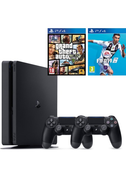 PS4 Slim 500 GB Oyun Konsolu + 2. PS4 Kol + PS4 Gta 5 + PS4 Fifa 19 Türkçe