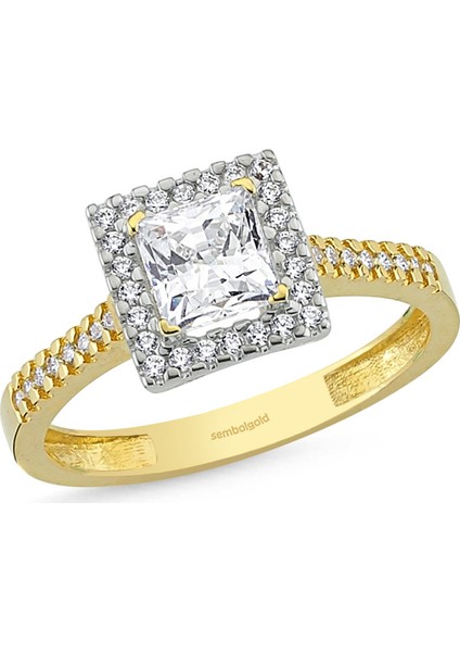 Altın Tektaş Yüzük Kare Baget Taşlı