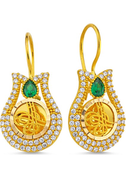 Altın Tuğralı Küpe Lale Tasarım Zümrütlü SK42-009254547