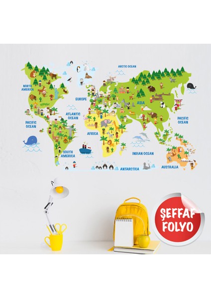 Eğitici Dünya Haritası Çocuk Odası Duvar Stickerı Şeffaf Folyo