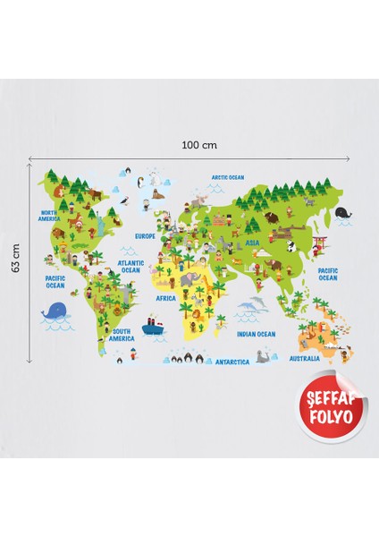 Eğitici Dünya Haritası Çocuk Odası Duvar Stickerı Şeffaf Folyo