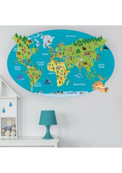İngilizce Hayvanlı Dünya Haritası Duvar Stickerı