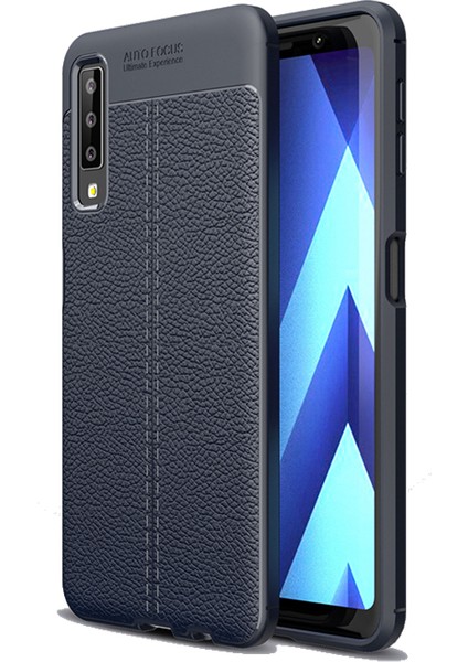 Samsung Galaxy A7 2018 Silikon Kılıf Karbon Niss Deri Görünümlü (Lacivert) + Cam Ekran Koruyucu