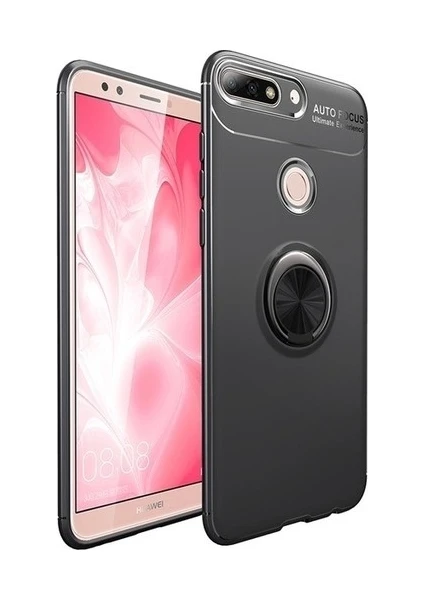 Case 4U Huawei Y7 2018 Kılıf Autofocus Shockprof Ravel Yüzüklü Standlı Slikon Kapak Siyah