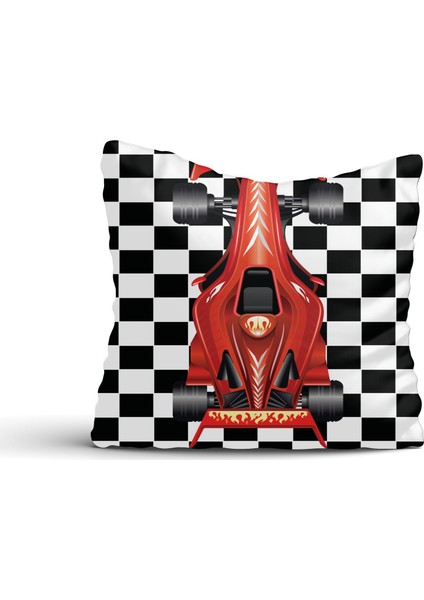Cici Tasarım Damalı Formula 1 Yarış Arabası Kırlent Kılıfı-60x60