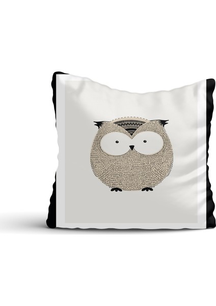Cici Odam Sevimli Baykuş Bej Zemin Siyah Çerçeve Kırlent Kılıfı-60x60