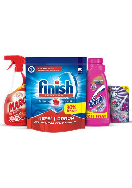 Hepsi Bir Arada 90 Tablet Bulaşık Makinesi Deterjanı + Vanish Leke Çıkarıcı 450 ml + Marc Sprey Tüm Yüzeyler 450 ml+ Cillit Bang Tuvalet Blok Tropikal