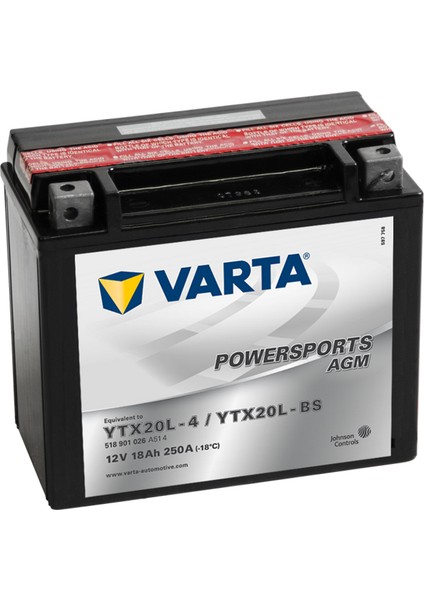 Varta Ytx20L-Bs 12V18Ah Akü Kymco Mxu 450 500 Honda Goldwıng Gl1800 Yamaha Xvs 1300 1600 Xv1600