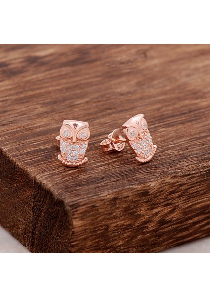 Rose Gümüş Taşlı Baykuş Tasarım Küpe 3755