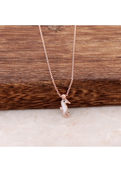 Deniz Atı Mineli Rose Gümüş Minimal Kolye 6167